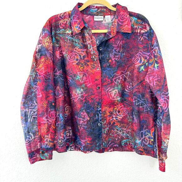 Chico's Women's Linen Nylon Sheer Button Front Shirt Top Red Size L - Picture 1 of 10